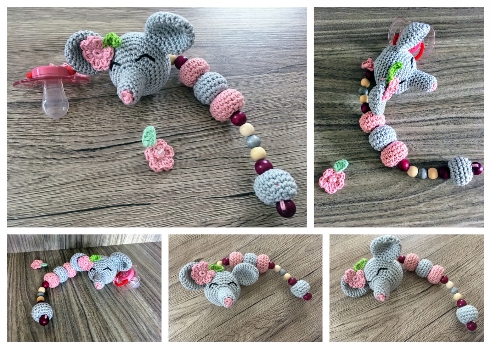 Blog-Inhaltsbild für 'Schnullerkette Mausefant Elina, kostenlose Häkelanleitung'